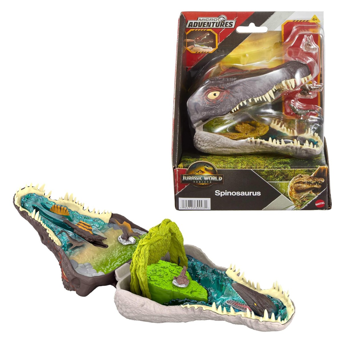 Mattel JGB98 - Jurassic World Rebirth - Micro Adventures - Spinosaurus-Kopf Spielset mit 3 Mini-Figuren