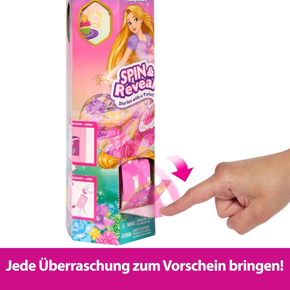 Mattel HTV86 - Disney Princess - Spin & Reveal - Rapunzel Puppe mit 11 Überraschungen, darunter 5 Accessoires, 5 Sticker
