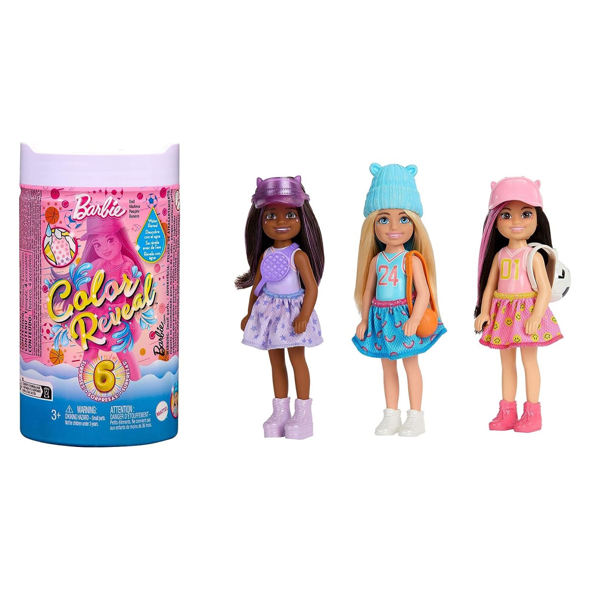 Mattel HKT85 sort. - Barbie Chelsea - Color Reveal - Puppe mit 6 Überraschungen, Sporty Serie, mehrfach sortiert