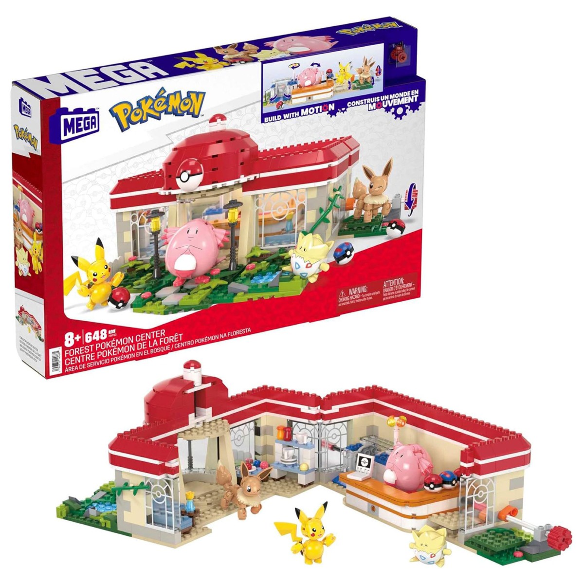 Mattel HNT93 - Mega - Pokémon - Pokémon-Center - Bauset mit Pikachu, Chaneira, Evoli und Togepi, 648 Teile