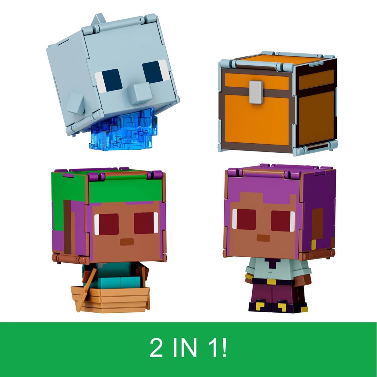Mattel JCY31 - Minecraft - Flippin' Figs 2er-Pack, Actionfiguren ca. 9cm mit großen Köpfen, Segelnder Efe und Delfin + Truhe