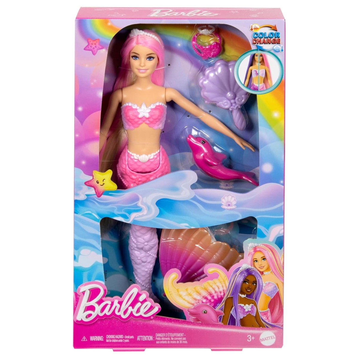 Mattel HRP97 - Barbie - Meerjungfrau Malibu – Farbwechseleffekt, Delfin & Accessoires