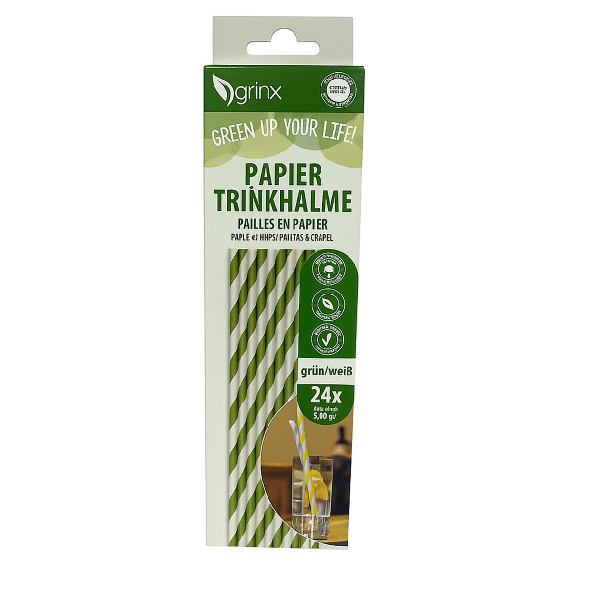 QuickPack 680747 - grinx - Premium Papier-Strohhalme grün/weiß, 24er-Pack