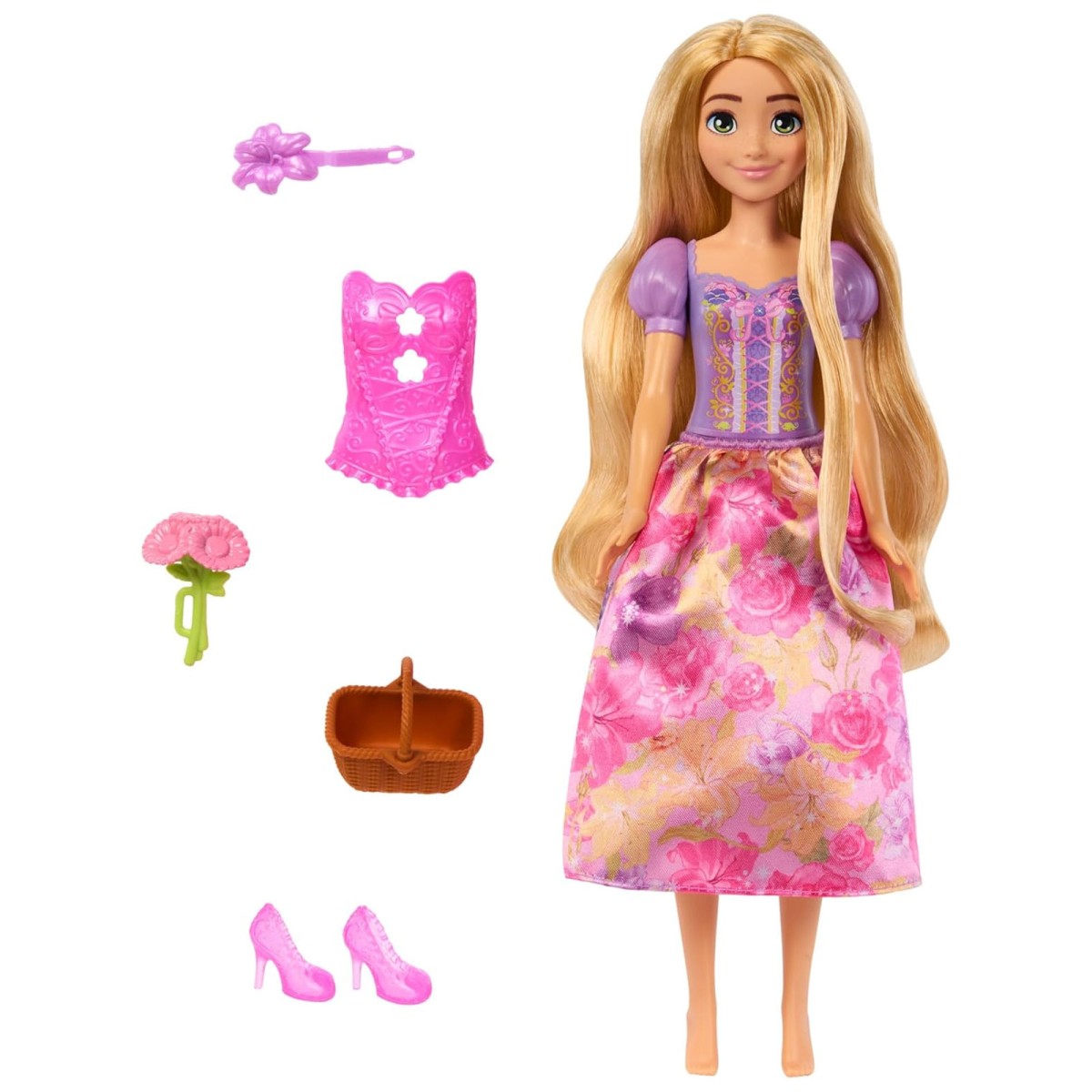 Mattel HTV86 - Disney Princess - Spin & Reveal - Rapunzel Puppe mit 11 Überraschungen, darunter 5 Accessoires, 5 Sticker