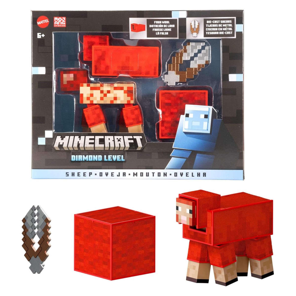 Mattel JCV22 - Minecraft - Mojang Studios - Diamond Level - rotes Schaf Actionfigur, ca. 9 cm mit 3 Zubehörteilen