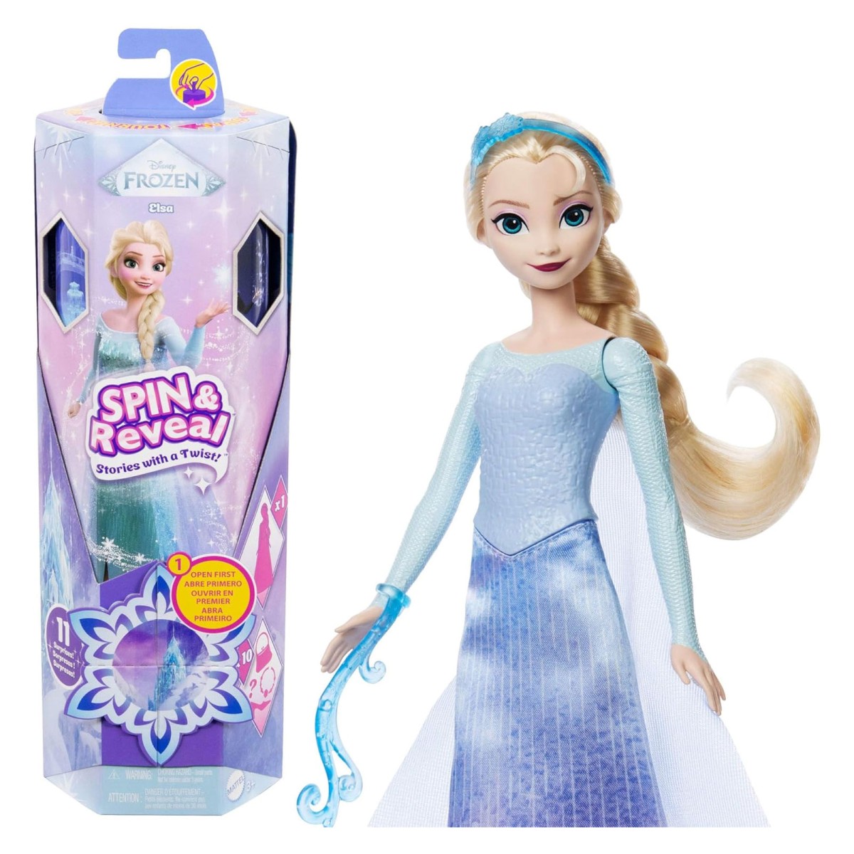 Mattel JBG59 - Disney Frozen - Spin & Reveal - Puppe mit 10 Überraschungen und Mode-Accessoires, Elsa