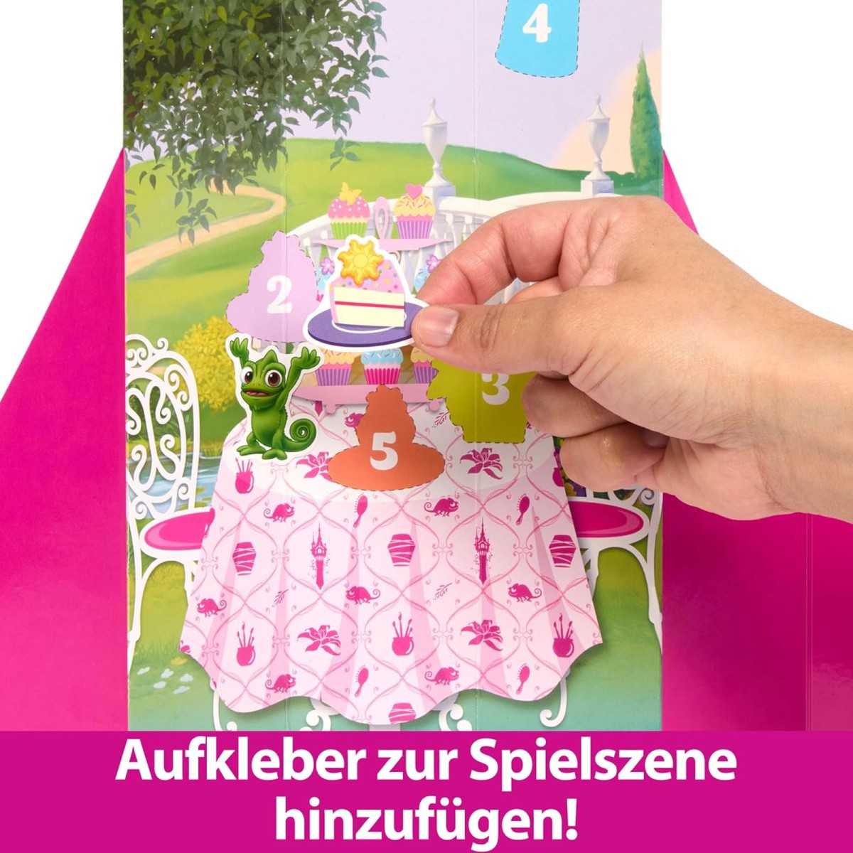 Mattel HTV86 - Disney Princess - Spin & Reveal - Rapunzel Puppe mit 11 Überraschungen, darunter 5 Accessoires, 5 Sticker