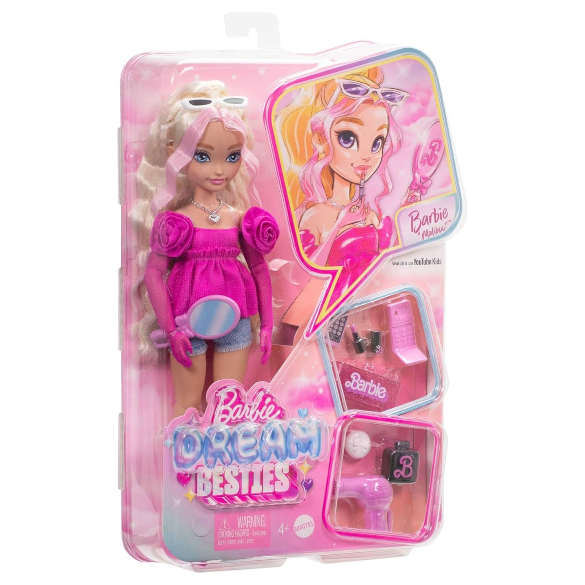 Mattel HYC21 - Barbie - Dream Besties - Malibu Puppe – Modepuppe mit 11 Zubehörteilen