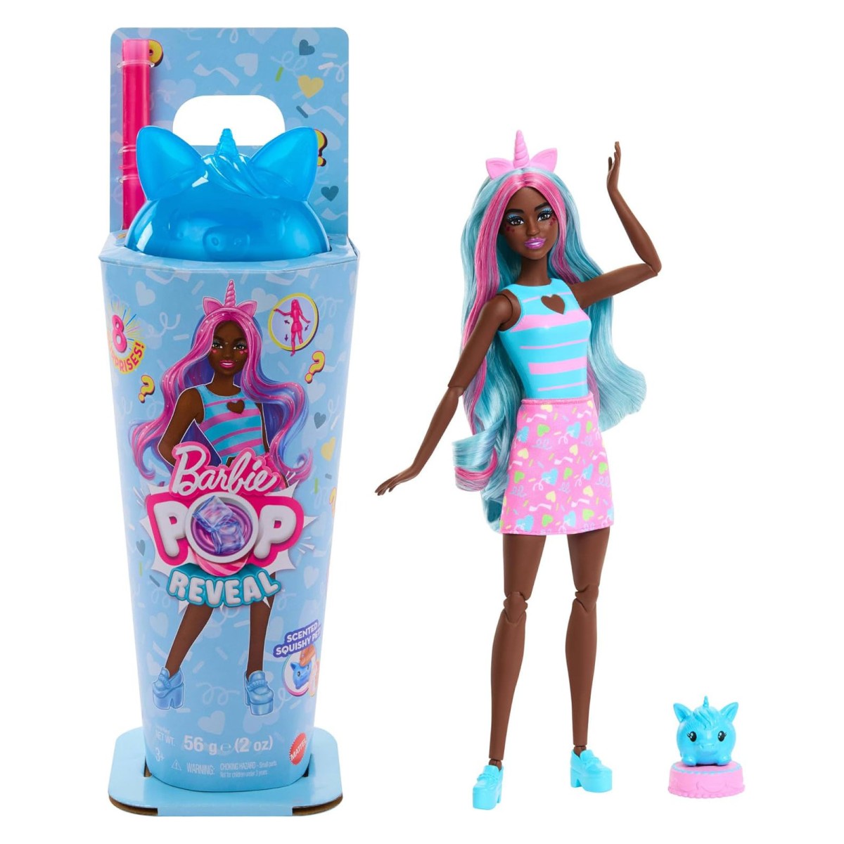 Mattel JCN86 - Barbie - Pop Reveal - Duftende Puppe mit 8 Überraschungen und Farbwechsel, Einhorn-Modepuppe & Haustier, [MHD 01.04.2027]