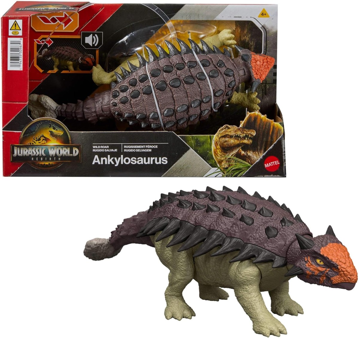 Mattel JGB90 - Jurassic World - Die Wiedergeburt - Dinofigur mit Geräuschen, 25 cm, Ankylosaurus