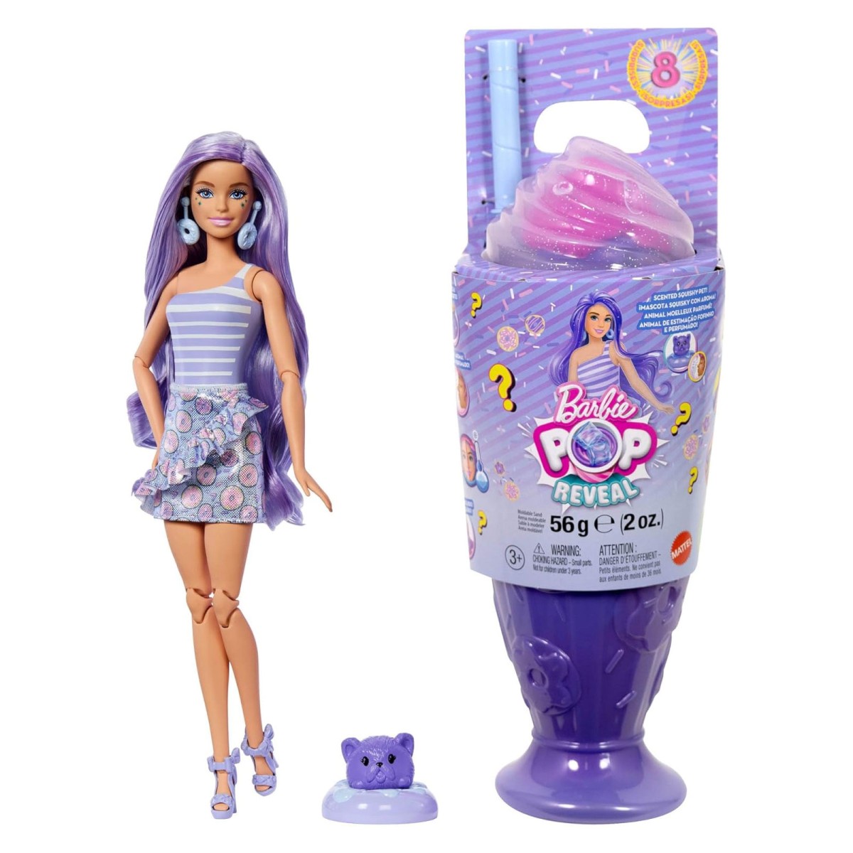 Mattel JFY60 - Barbie - Pop Reveal - Modepuppe mit 8 Überraschungen und formbaren Sand (56g), Donut Dreams Design