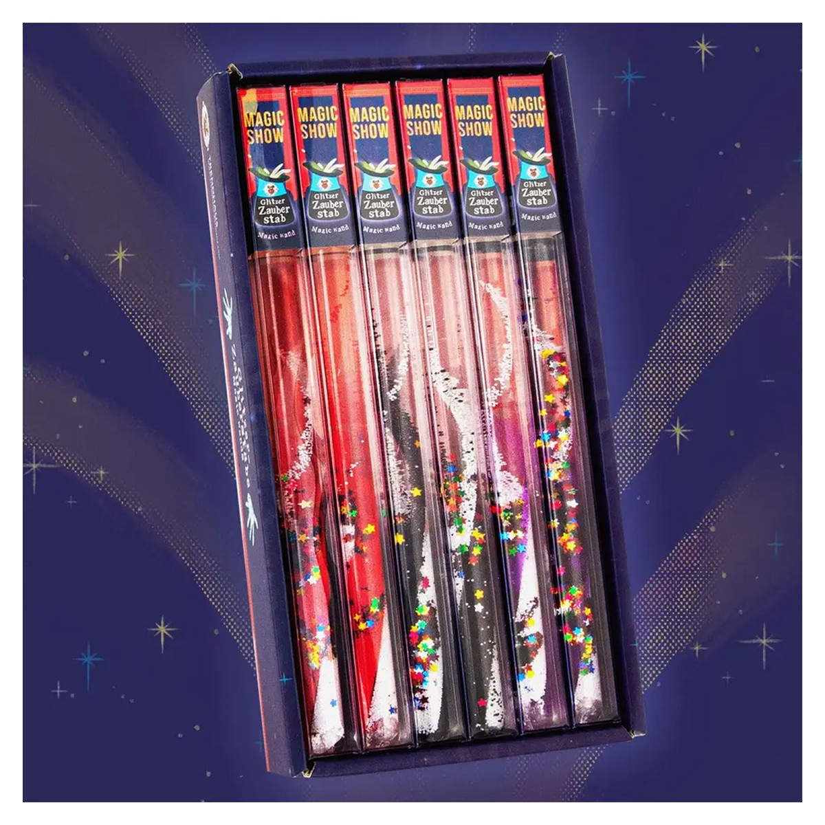 TRENDHAUS 958846 - Magic Show - 12 Glitzer Zauberstäbe, 2 farbig und 3 verschiedene Sorten