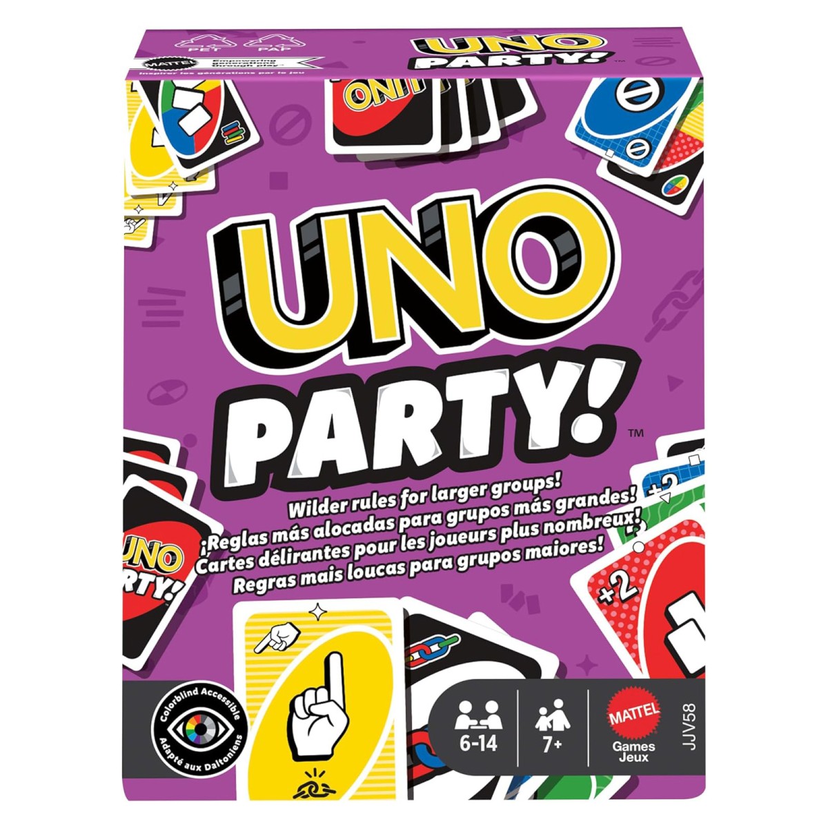 Mattel JJV58 - Mattel Games - UNO Party! Kartenspiel für bis zu 14 Spielenden