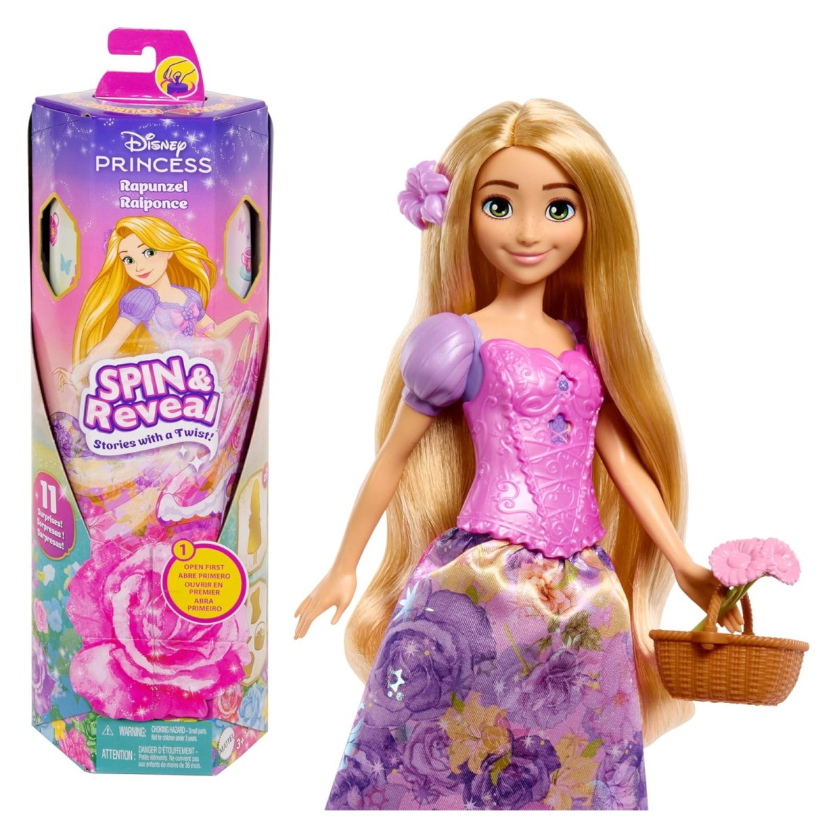 Mattel HTV86 - Disney Princess - Spin & Reveal - Rapunzel Puppe mit 11 Überraschungen, darunter 5 Accessoires, 5 Sticker