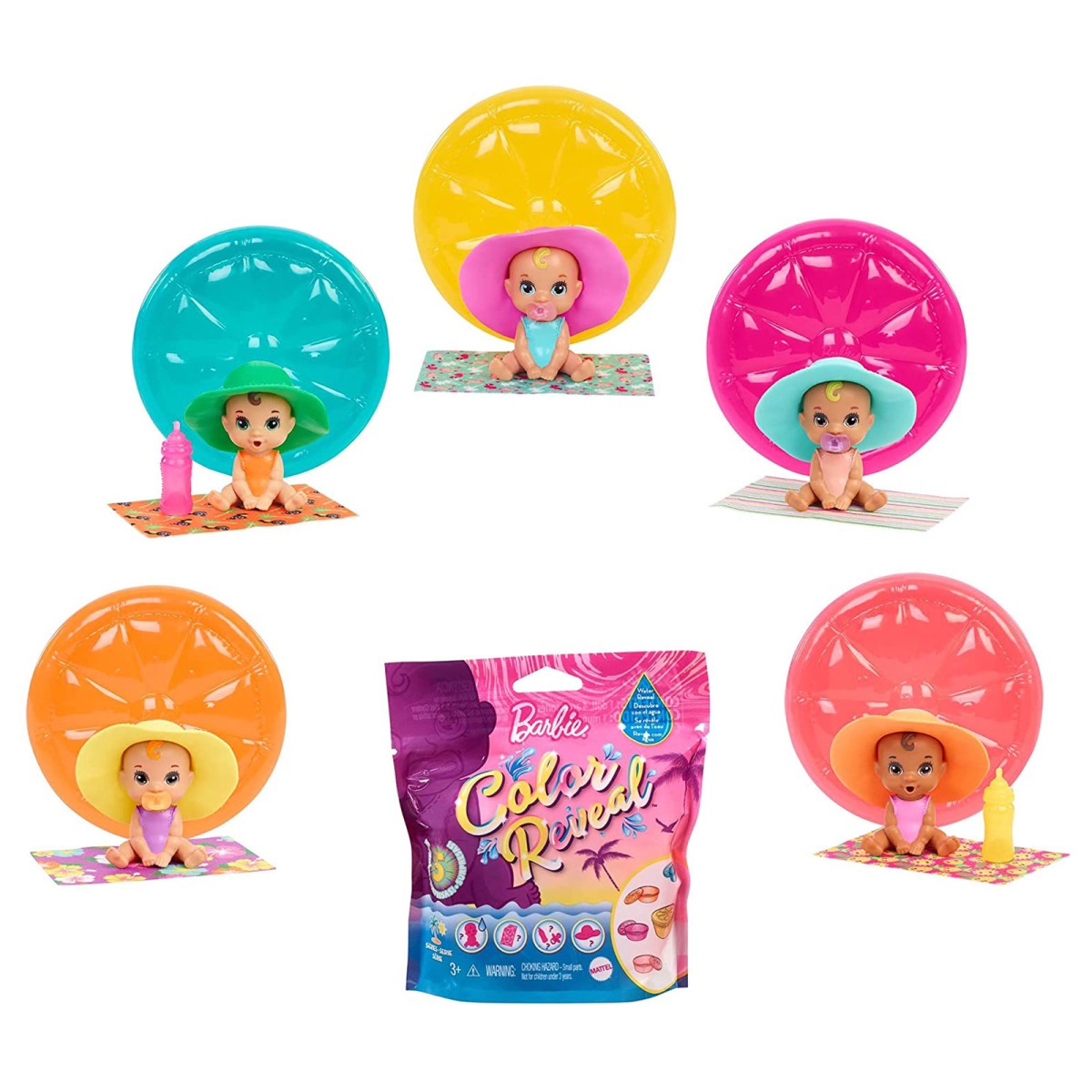 Mattel GTT12 sort. - Barbie - Color Reveal - Babypuppe mit 5 Überraschungen, Sand & Sonne, mehrfach sortiert