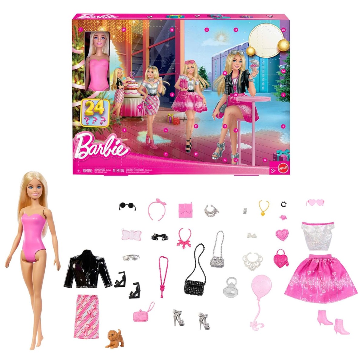 Mattel JFL63 - Barbie - Modepuppe Adventskalender mit 24 Überraschungen – Kleidungsstücke, Accessoires & Hündchen