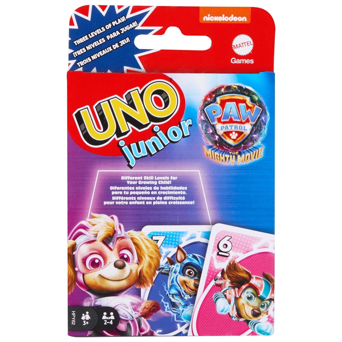 Mattel HPY62 - Mattel Games - Paw Patrol - UNO junior trifft auf "The Mighty Movie", Kartenspiel