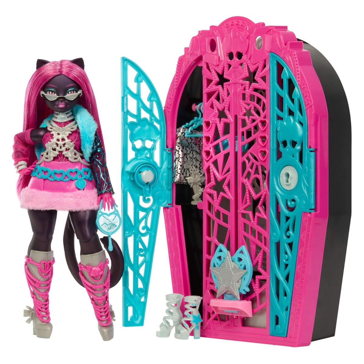 Mattel JBG82 - Monster High - Skulltimate Secrets Hauntlywood Mysteries – Catty-Noir Puppe mit 19+ Überraschungen, "Kleiderschrank"