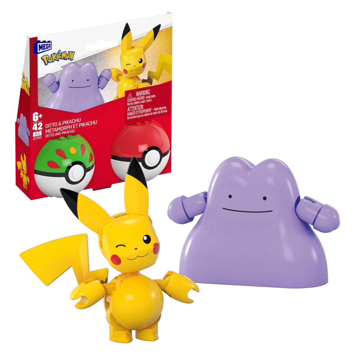 Mattel JCT43 - MEGA - Pokémon - Pokéball 2er-Pack, Pikachu und Ditto mit 42 Teilen
