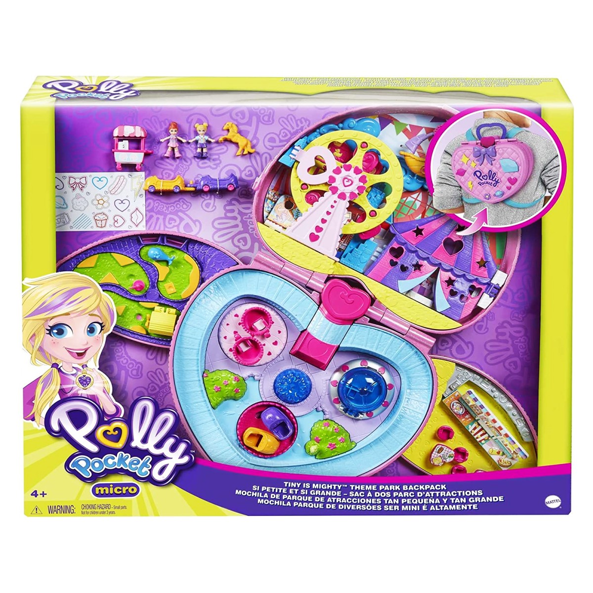 Mattel GKL60 - Polly Pocket - Micro - Freizeitpark Rucksack, Spielset mit Figuren und Zubehör