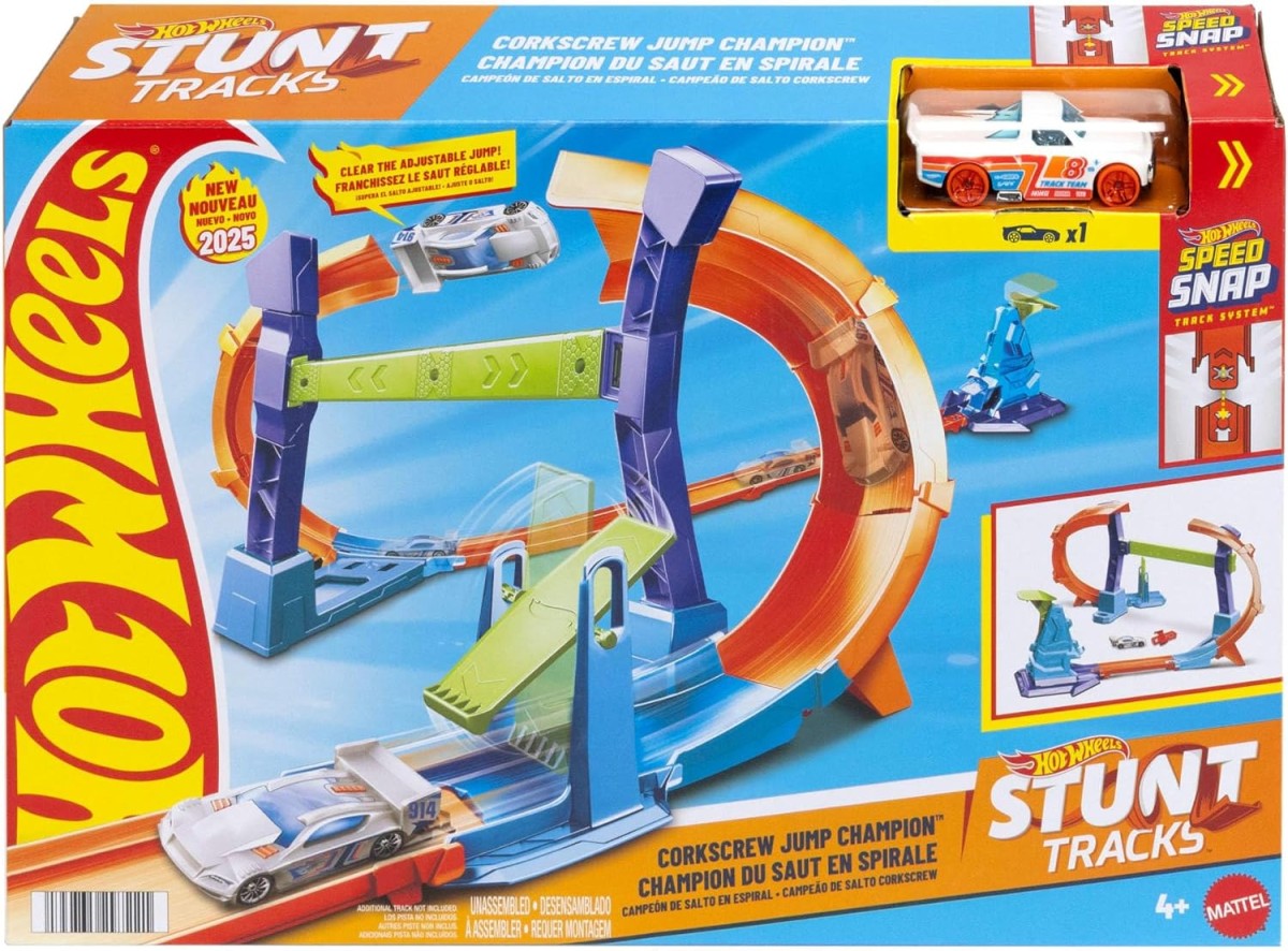 Mattel JFH36 - Hot Wheels - Spiral-Sprung Trackset mit Korkenzieher-Looping, anpassbarer Stunt-Sprung & 1:64 Fahrzeug