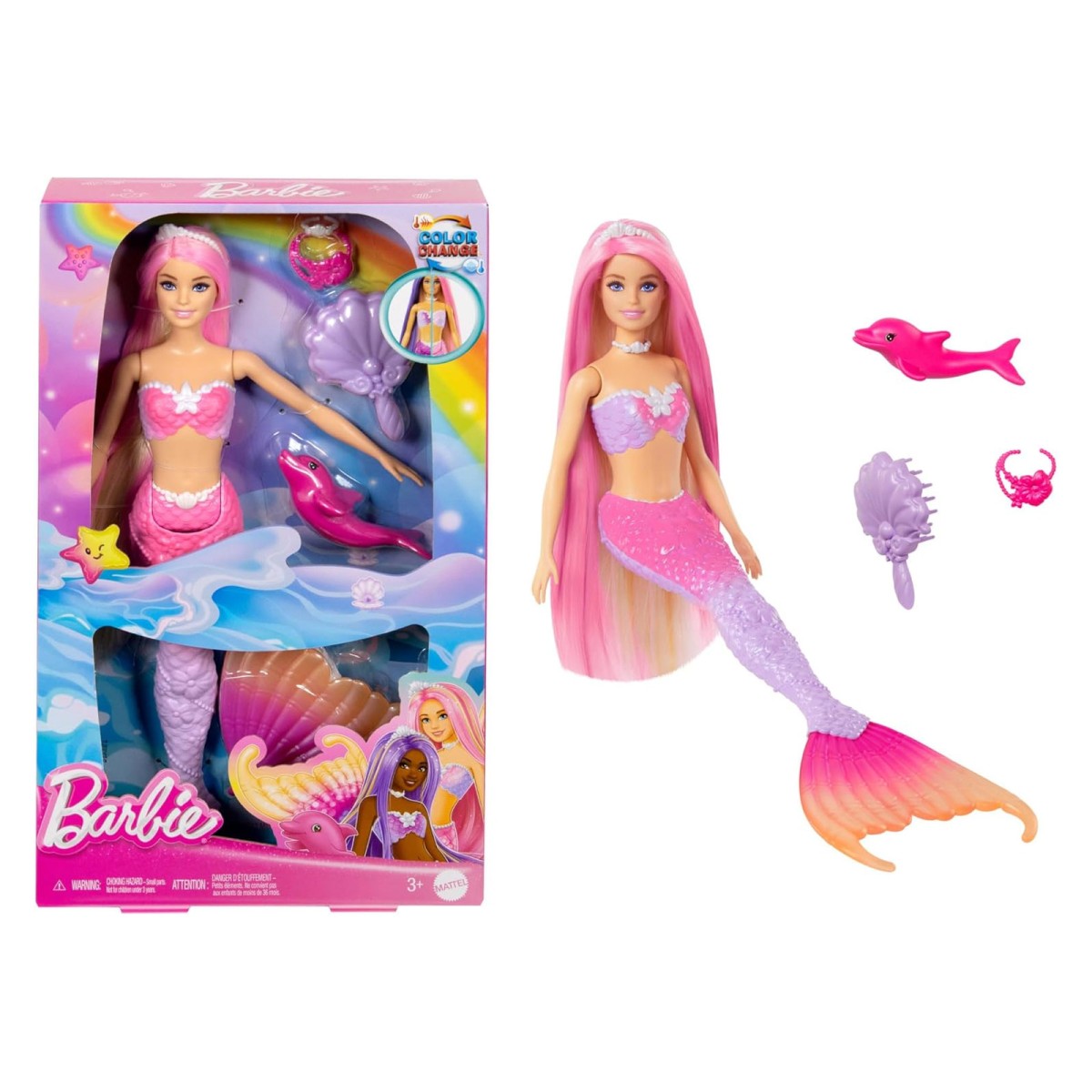 Mattel HRP97 - Barbie - Meerjungfrau Malibu – Farbwechseleffekt, Delfin & Accessoires