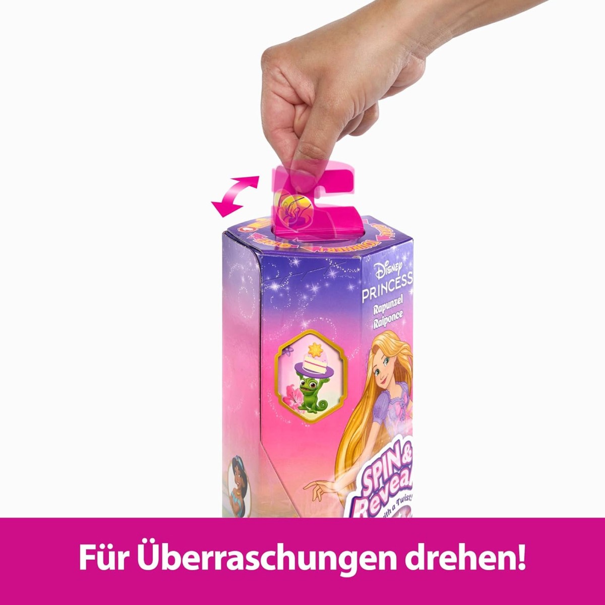 Mattel HTV86 - Disney Princess - Spin & Reveal - Rapunzel Puppe mit 11 Überraschungen, darunter 5 Accessoires, 5 Sticker