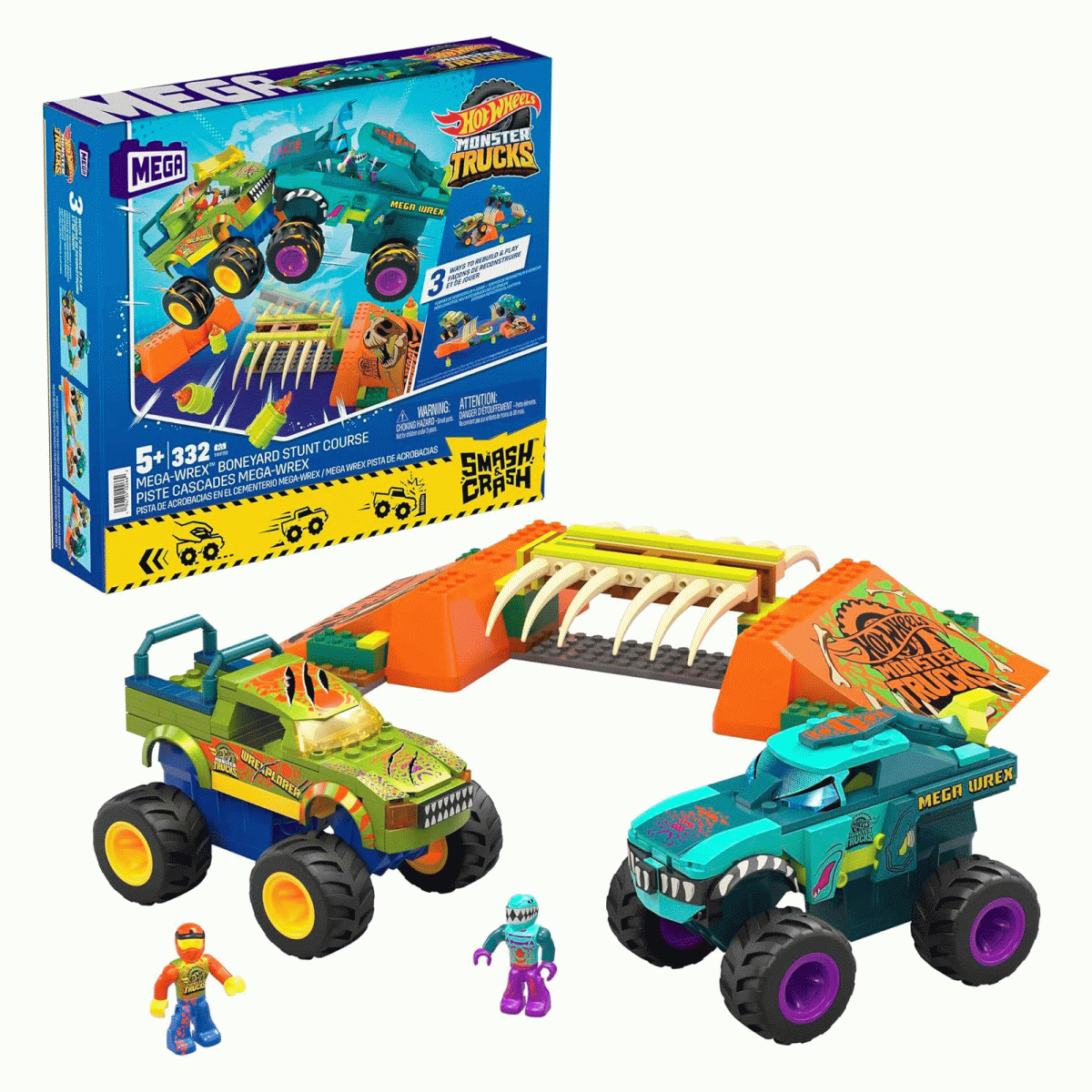 Mattel HKF89 - Hot Wheels - Mega - Monster Trucks - Smash & Crash - Bauset, 332 Teile, Crash Wrex Boneyard Stuntpacours