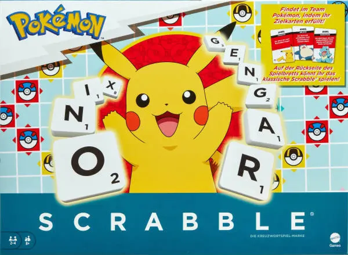 Mattel HXT28 - Mattel Games - Pokémon - 2 in 1 Scrabble Brettspiel – Klassisch spielen oder Pokémon-Modus wählen