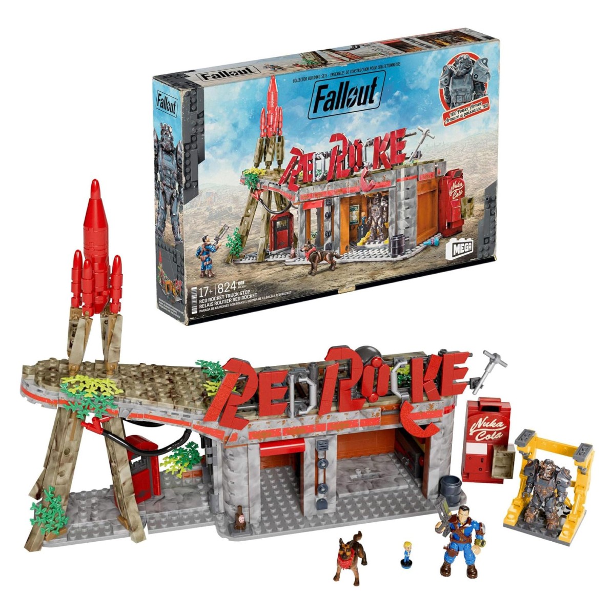 Mattel HXT00 - MEGA - Fallout - Red Rocket Bauset (824 Teile) mit Dogmeat & T-60 Powerrüstung