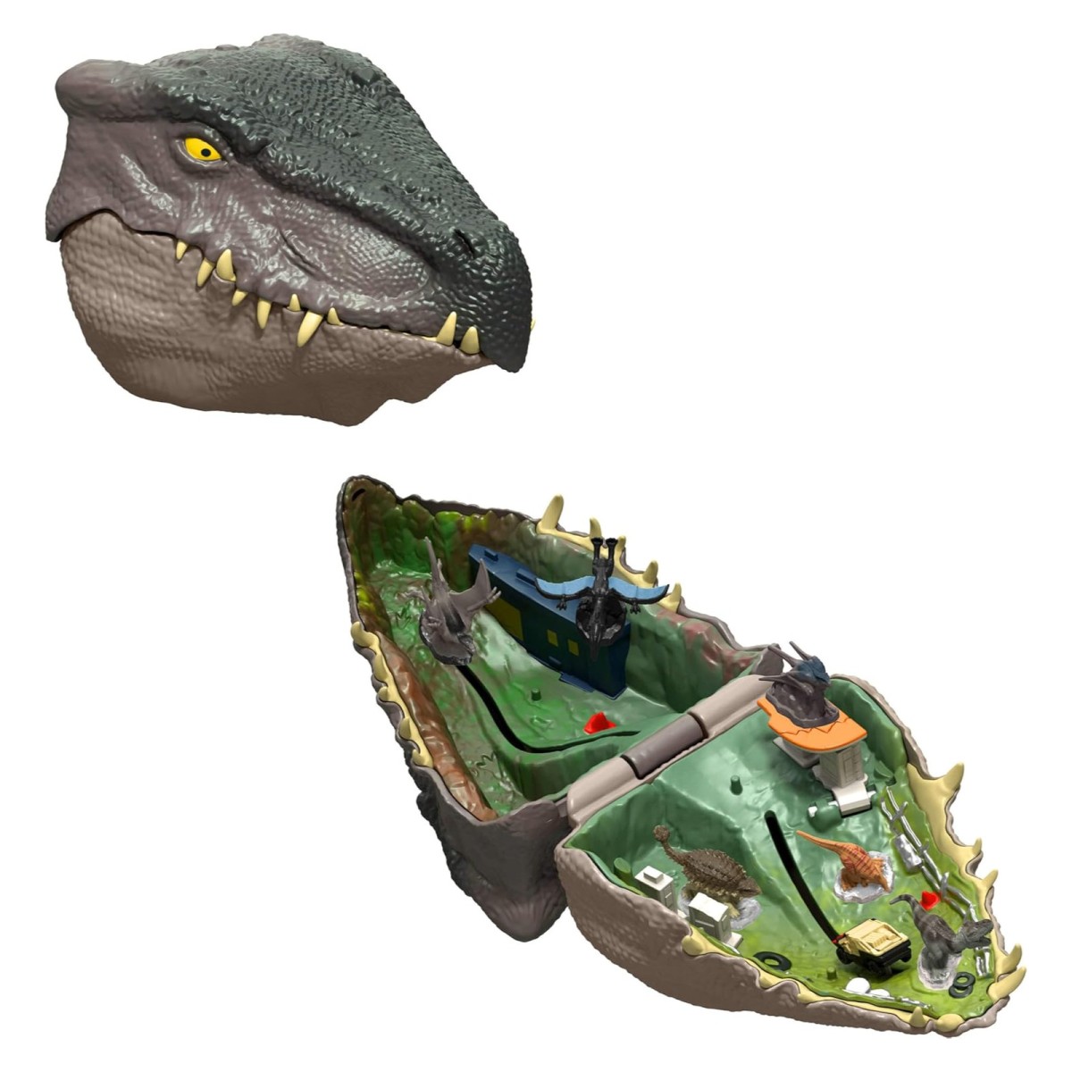 Mattel JLD24 - Jurassic World - Die Wiedergeburt Distortus Rex Abenteuer-Spielset Dinosaurierkopf mit 6 Figuren