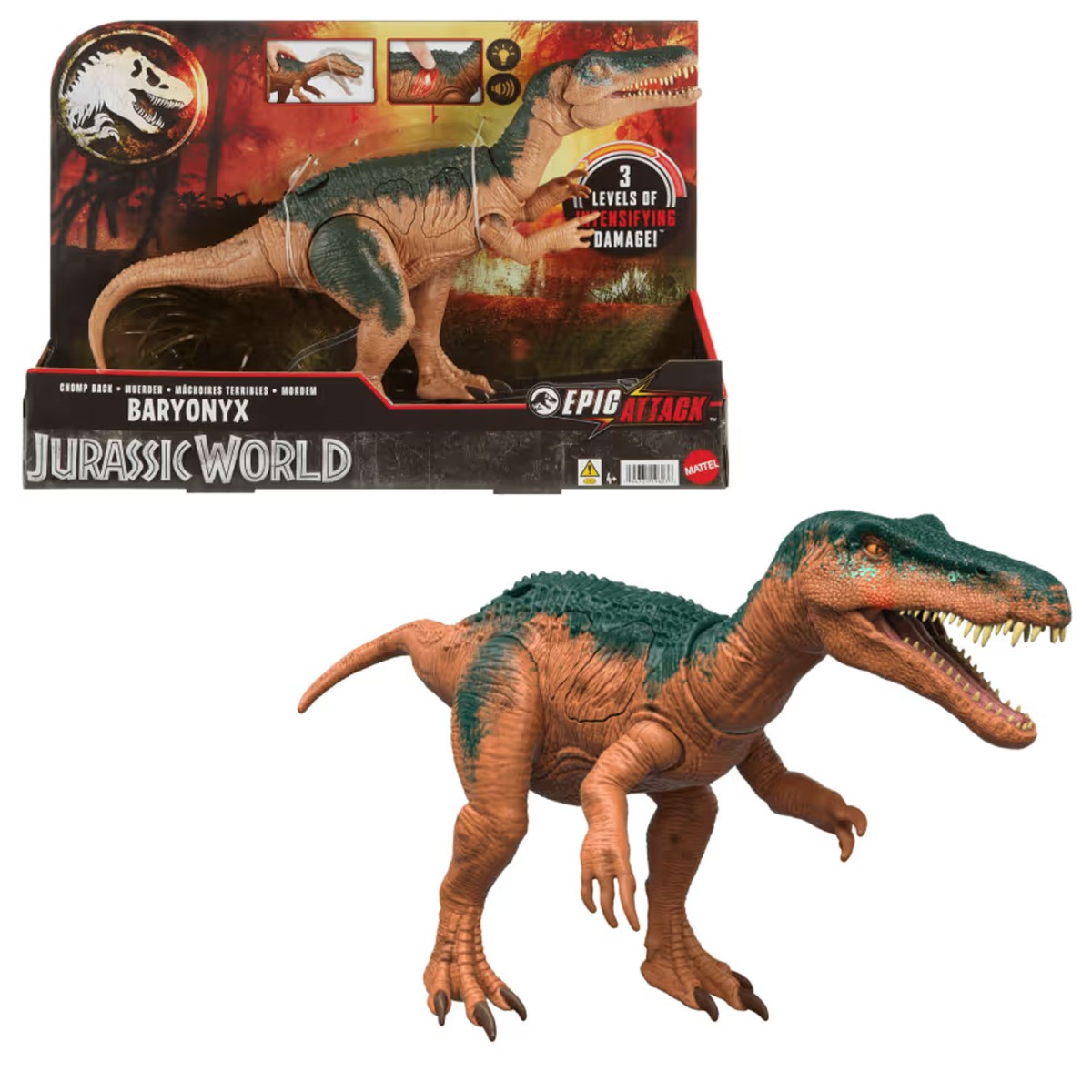 Mattel HTP68 - Jurassic World - Epic Attack Baryonyx Dino mit Sound & Licht