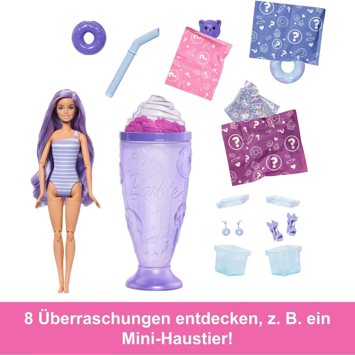 Mattel JFY60 - Barbie - Pop Reveal - Modepuppe mit 8 Überraschungen und formbaren Sand (56g), Donut Dreams Design