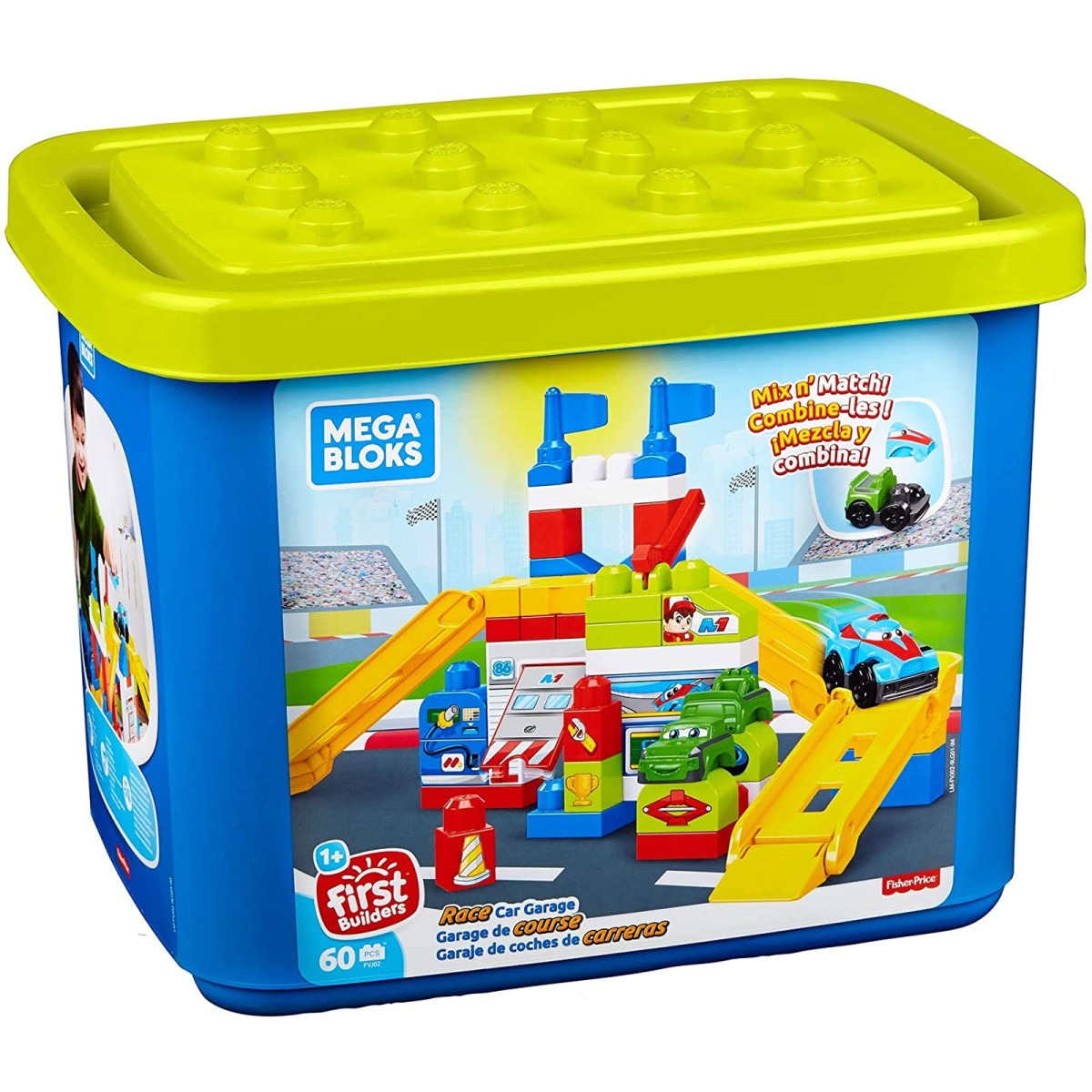 Mattel FVJ02 - Fisher-Price - Mega Bloks - First Builders - Bauset, 60 Teile, Rennauto Werkstatt