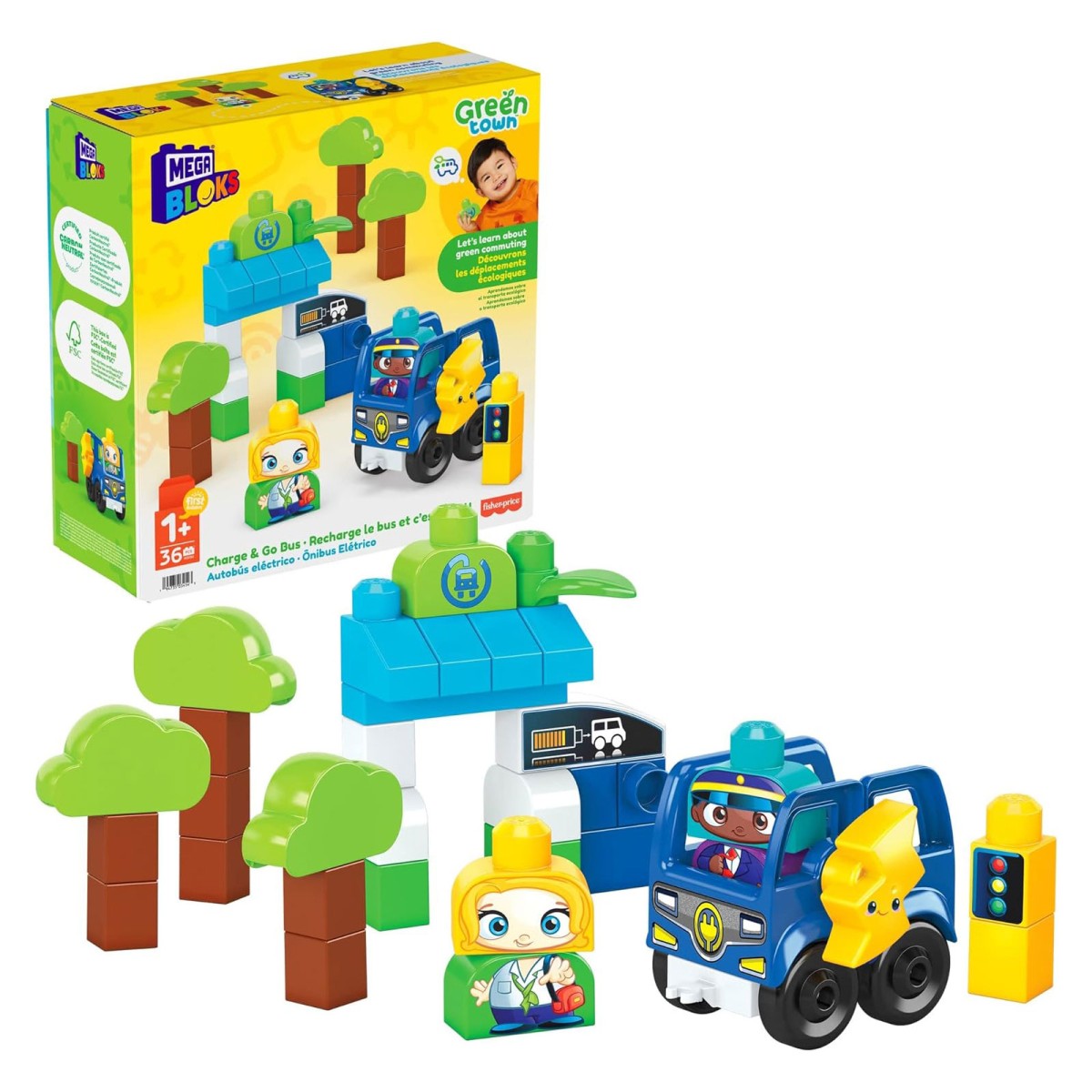 Mattel HDX90 - Fisher Price - Mega Bloks - Grüne Stadt - Laden & Los Bus-Baukasten, 36 Bausteine
