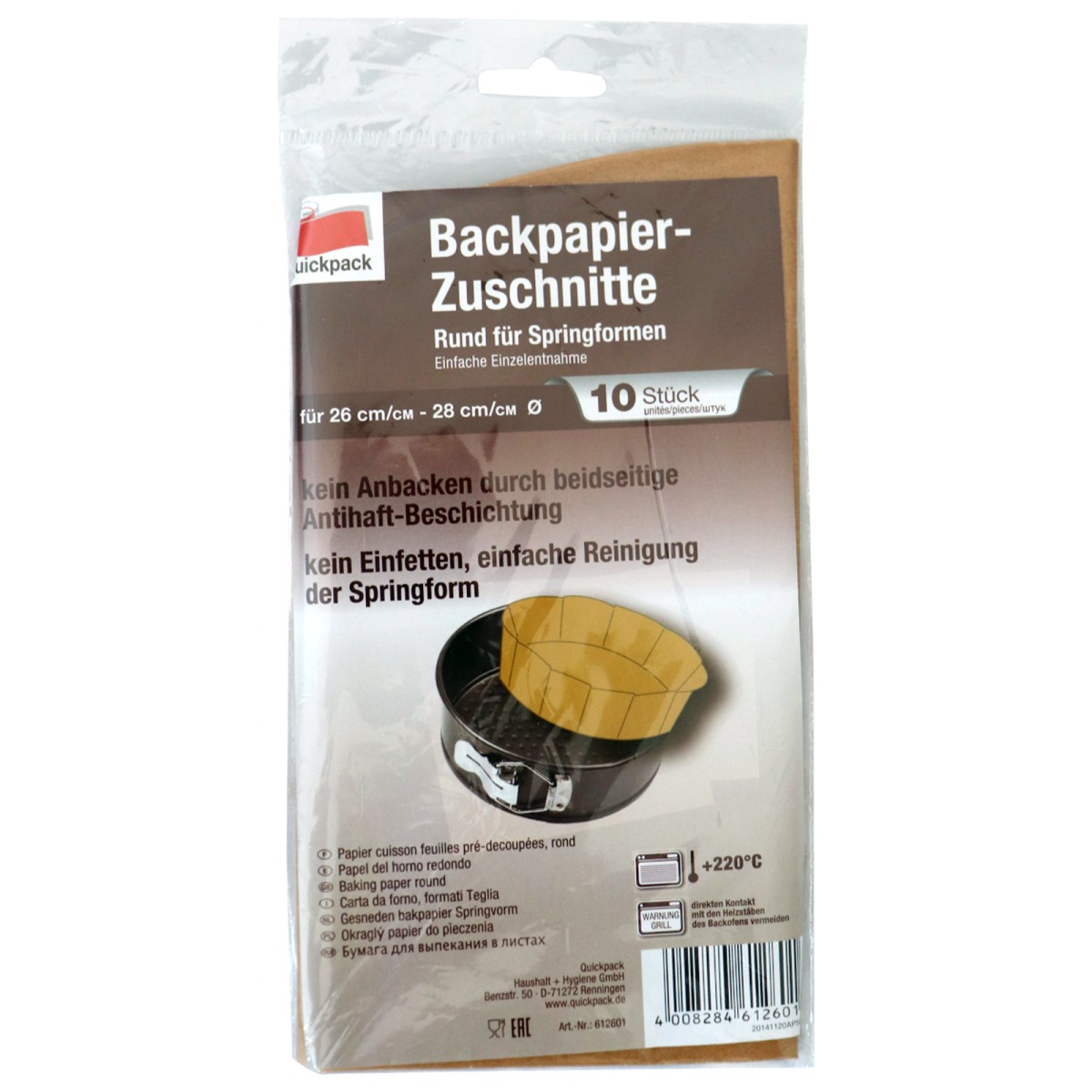 QuickPack 612601C - Backpapier-Zuschnitt-Form 10er-Pack, rund für Springformen Ø 26-28cm