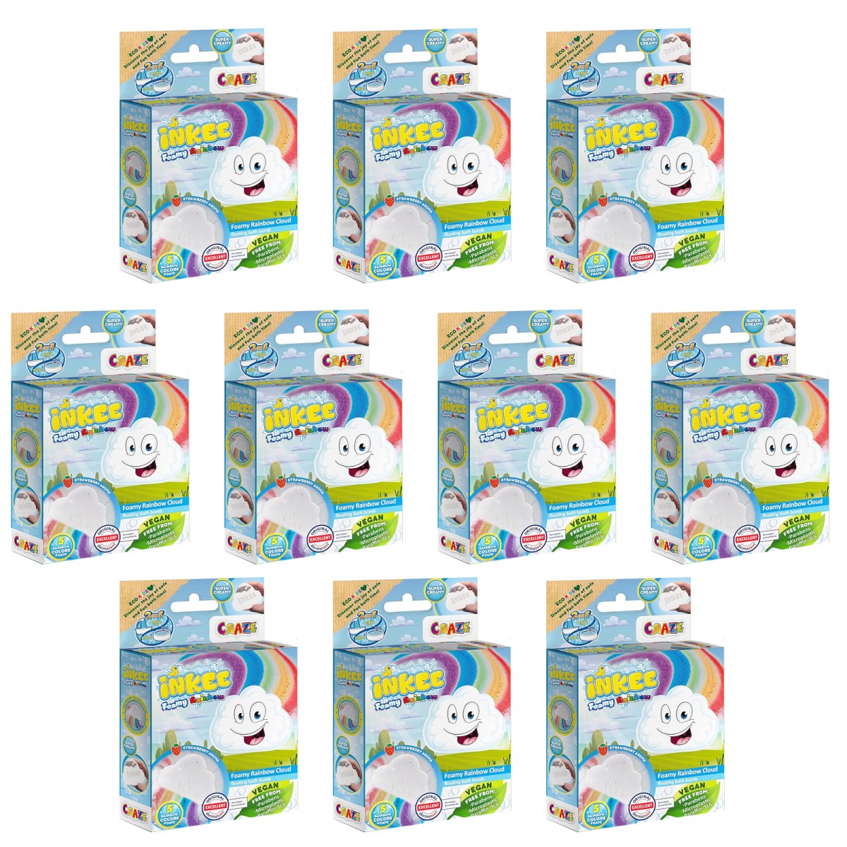 CRAZE 44155 BUNDLE - INKEE - Foamy Rainbow - Regenbogen Badekugel mit Erdbeerduft, 10 Stk. im Display