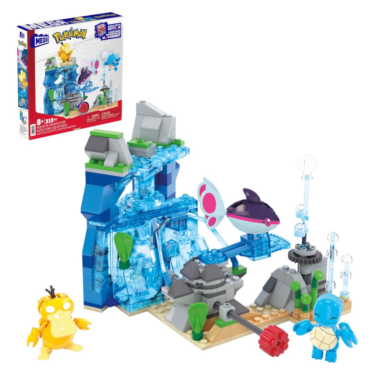 Mattel HXF79 - Mega - Pokémon - Wasserabenteuer mit Schiggy, Enton & Finneon - Bauset mit 319 Teilen