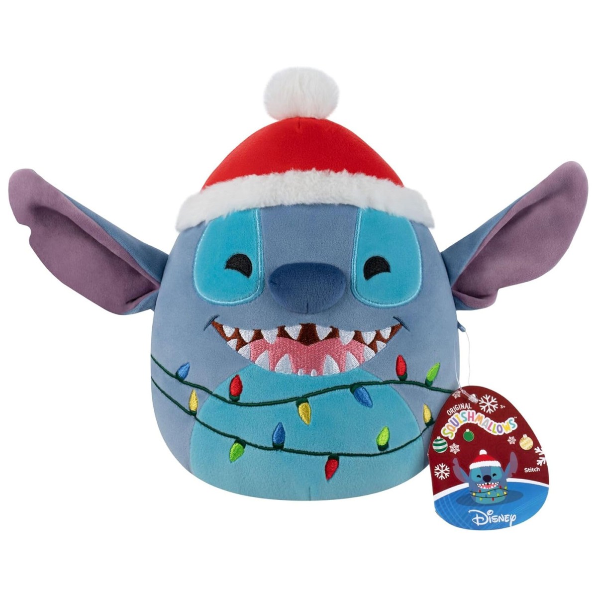 Jazwares SQDI01432 - Squishmallows - Disney Lilo & Stitch - Ultraweicher Stitch mit Weihnachtsmütze und Lichterketten-Design, 20 cm
