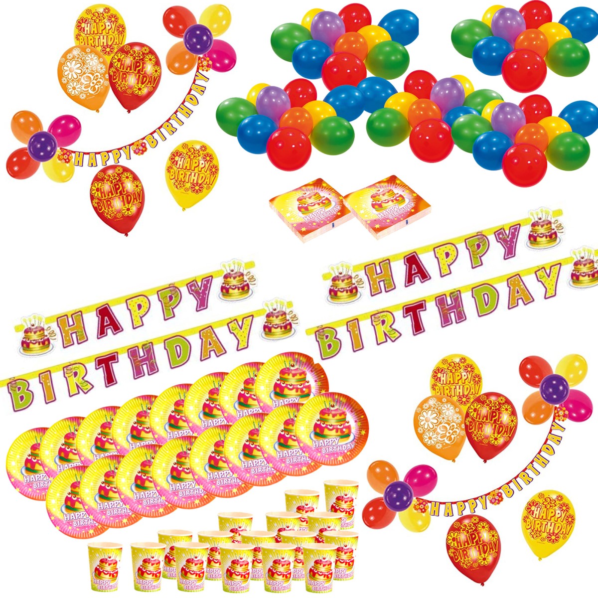 SPAR-SET 184295 - Amscan - XXL-Party-Set, Happy Birthday - Teller, Becher, Servietten, Girlande, Ballons