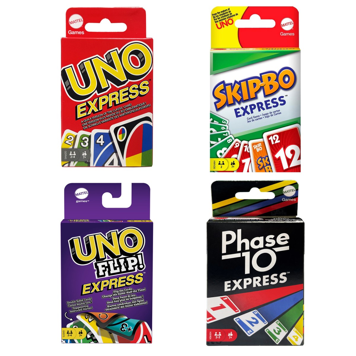 SPAR-SET 417999 - Mattel Games - 4er-Set Express Kartenspiele - Uno, Skip-Bo, Phase 10