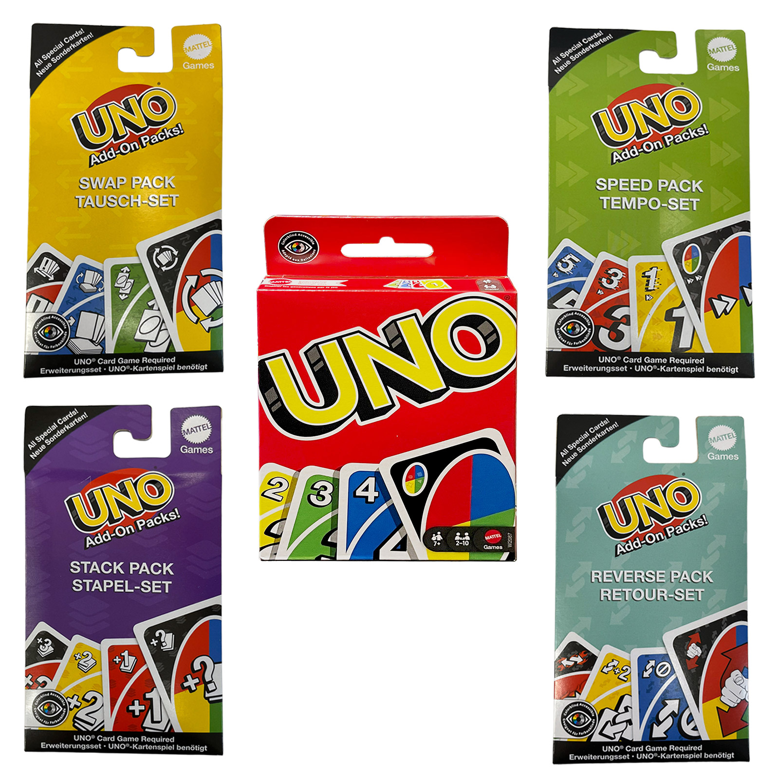 SPAR-SET 423928 - Mattel Games - UNO - Kartenspiel (Grundversion) + 4 Add-On-Packs mit barrierefreier Farbgestaltung