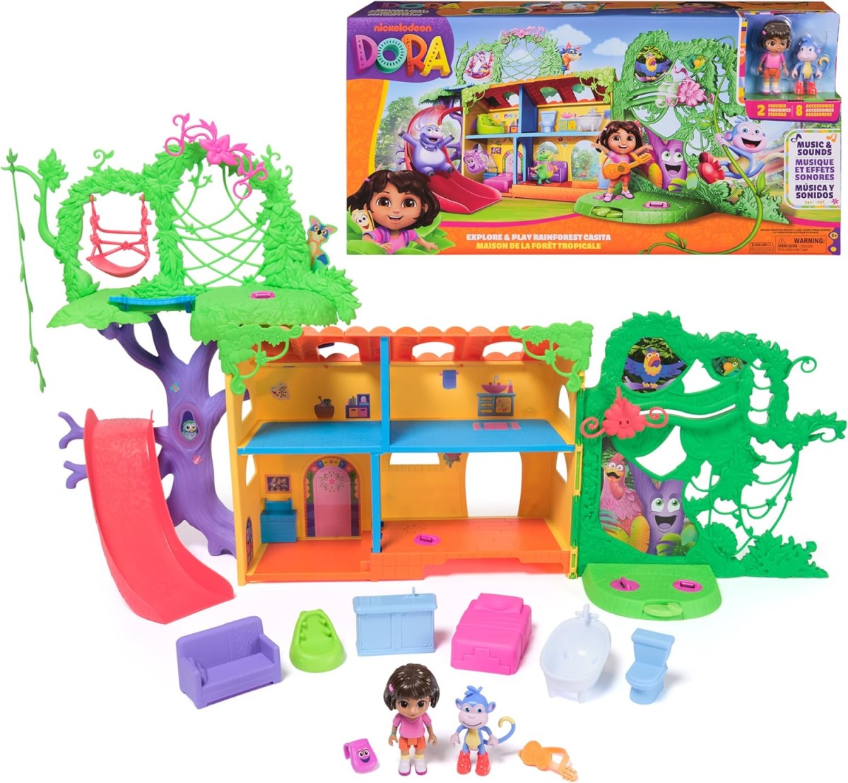 Spin Master 6073669 (20153008) - Dora - Der Regenwald Casita Spielset inkl. Dora & Affe Boots Figur, 3 Sound-Einstellungen: Deutsch, Spanisch oder nur Geräusche