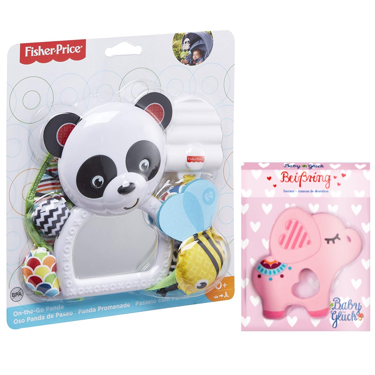 SPAR-SET 186990 - Fisher-Price / Coppenrath - Die Spiegelburg - Kleinkind-Set mit Panda Greifling und Elefant Beißring