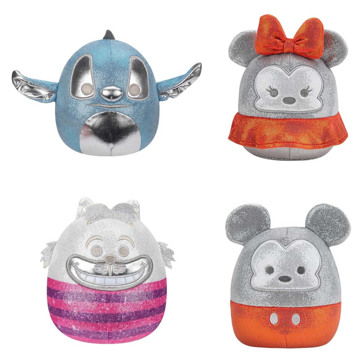 Jazwares SQD100234 - Disney 100 - Squishmallows - 4er Pack Plüschfiguren: Micky, Stitch, Grinsekatze & Minnie, ca 12,5 cm