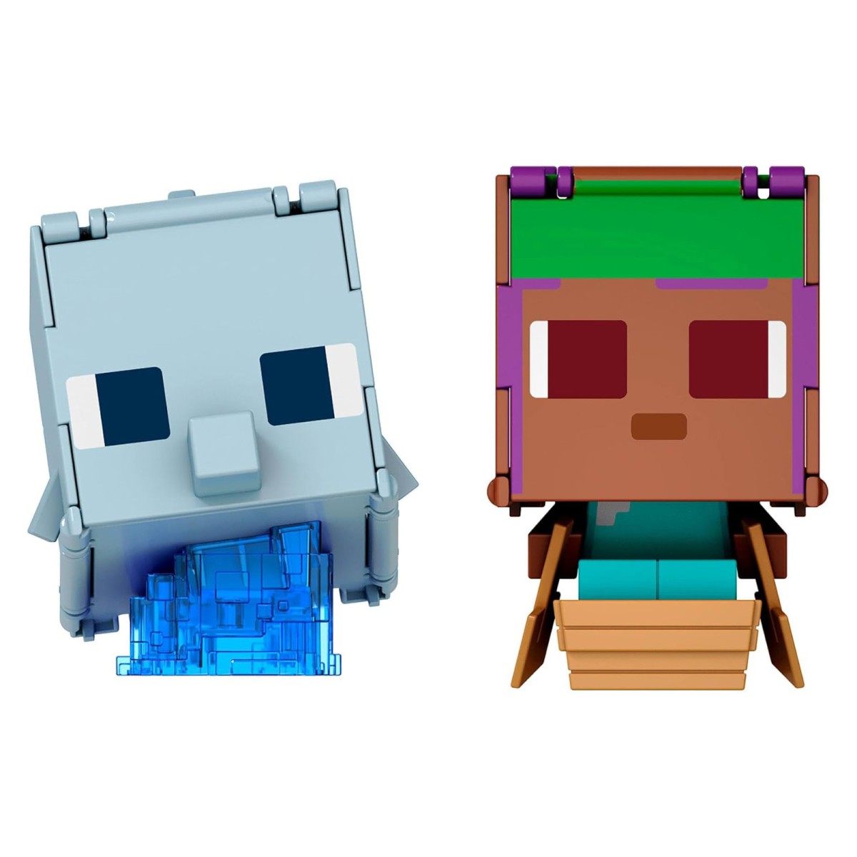Mattel JCY31 - Minecraft - Flippin' Figs 2er-Pack, Actionfiguren ca. 9cm mit großen Köpfen, Segelnder Efe und Delfin + Truhe