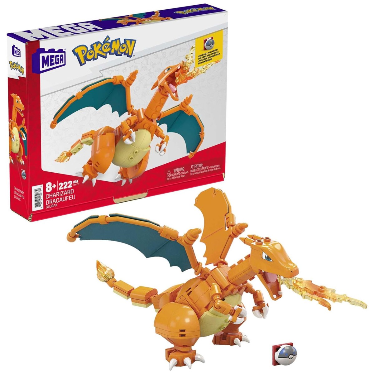 Mattel GWY77 - MEGA - Pokémon - Glurak zum Zusammenbauen mit 222 Bausteinen