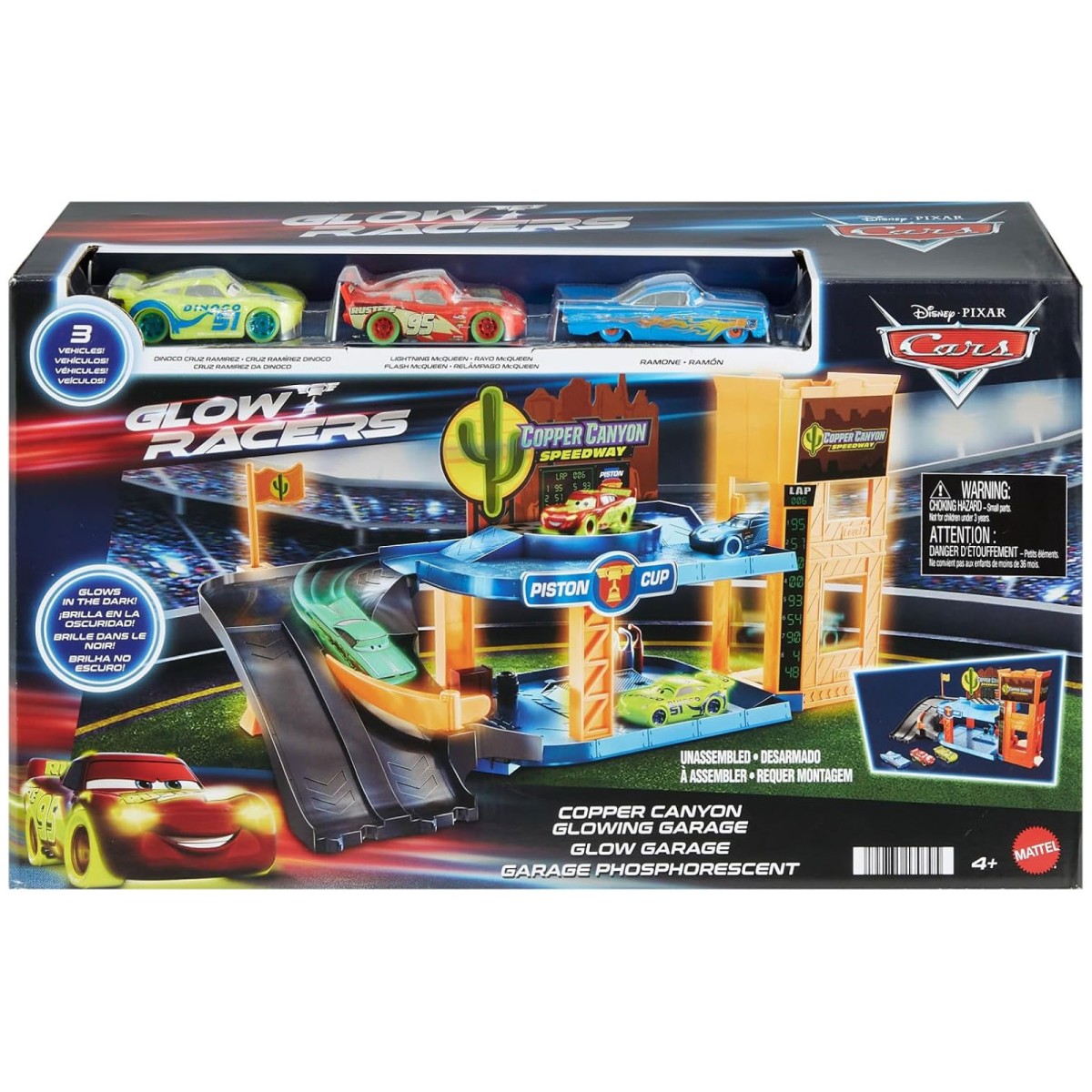 Mattel HPX75 - Disney Pixar Cars - Copper Canyon Leuchtende Garage Spielset – Rennspaß im Dunkeln!