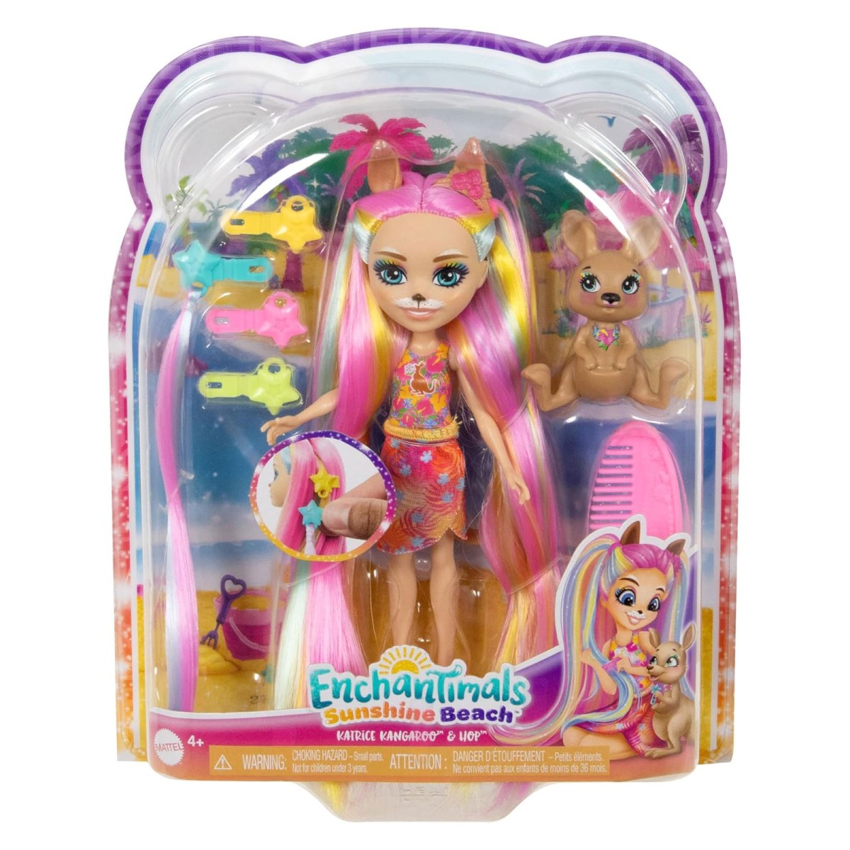 Mattel HTJ70 - Enchantimals - Sunshine Beach - Puppe mit Zubehör und Tierfreund, Katrice Kangaroo & Hop