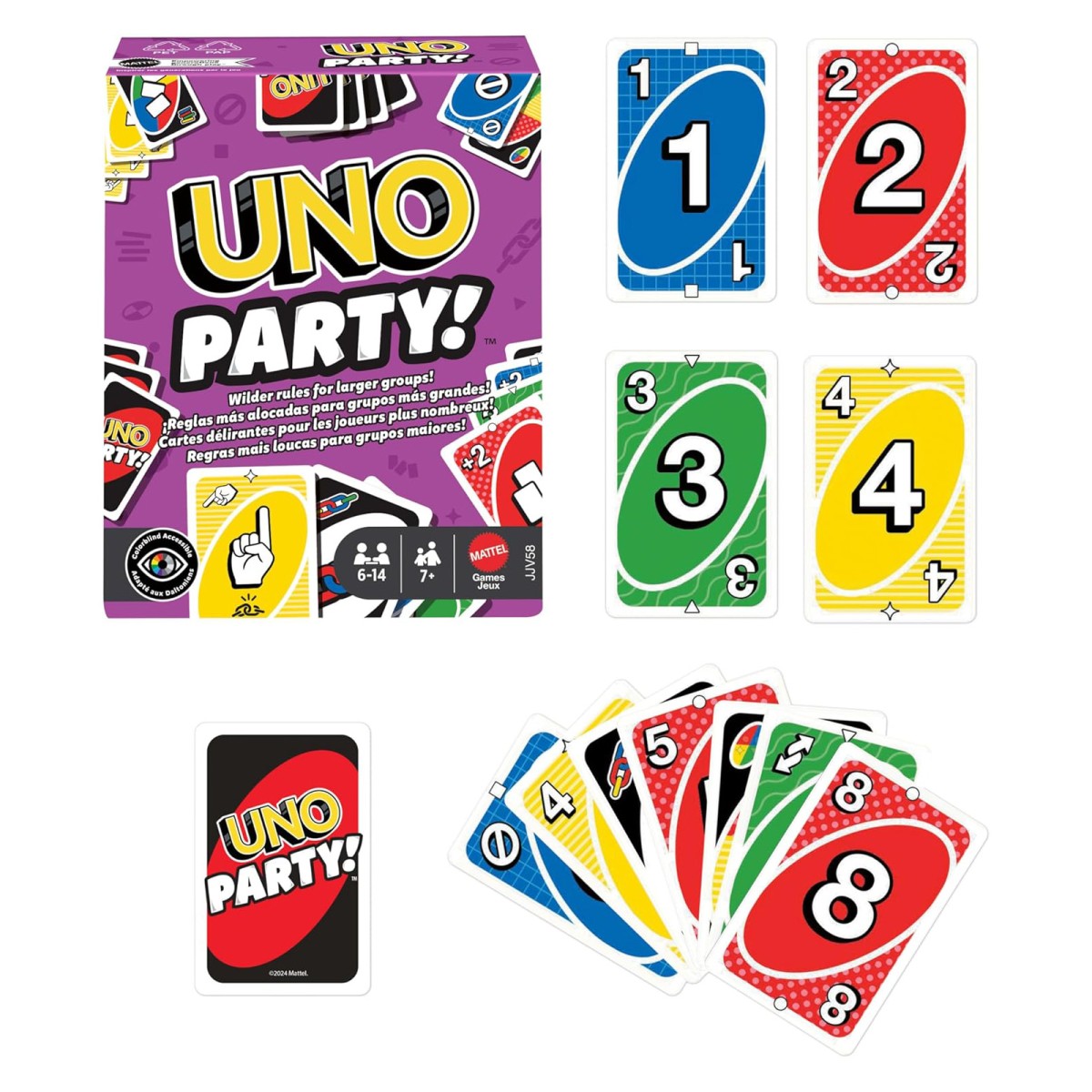 Mattel JJV58 - Mattel Games - UNO Party! Kartenspiel für bis zu 14 Spielenden